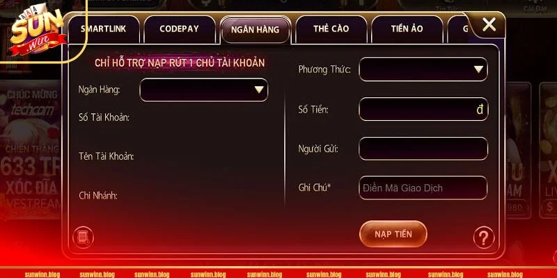 Các bước nạp tiền vào tài khoản chơi SUN WIN rất nhanh chóng, đa phương thức.