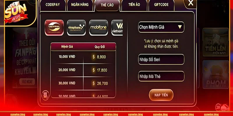 Nhà cái SUNWIN cung cấp đa dạng phương thức nạp tiền.